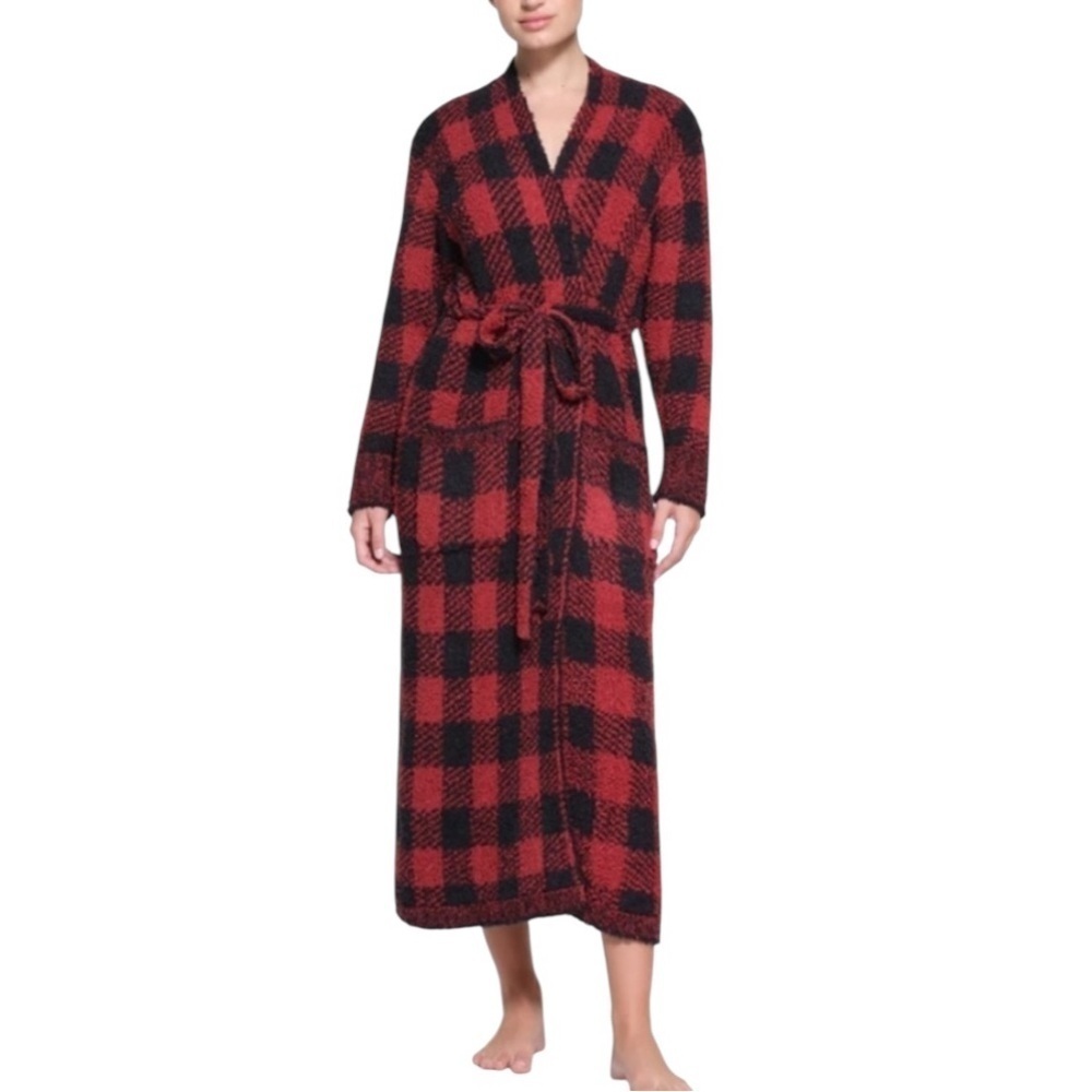 NWT SKIMS Knit Unisex Belted Robe Brick Buffalo Plaid Red Black Size S/M